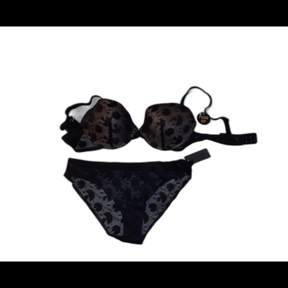 Youmita 38B Cafe Creme/Black Floral Lace Push-Up Bra & Large Seamless Panty NWT